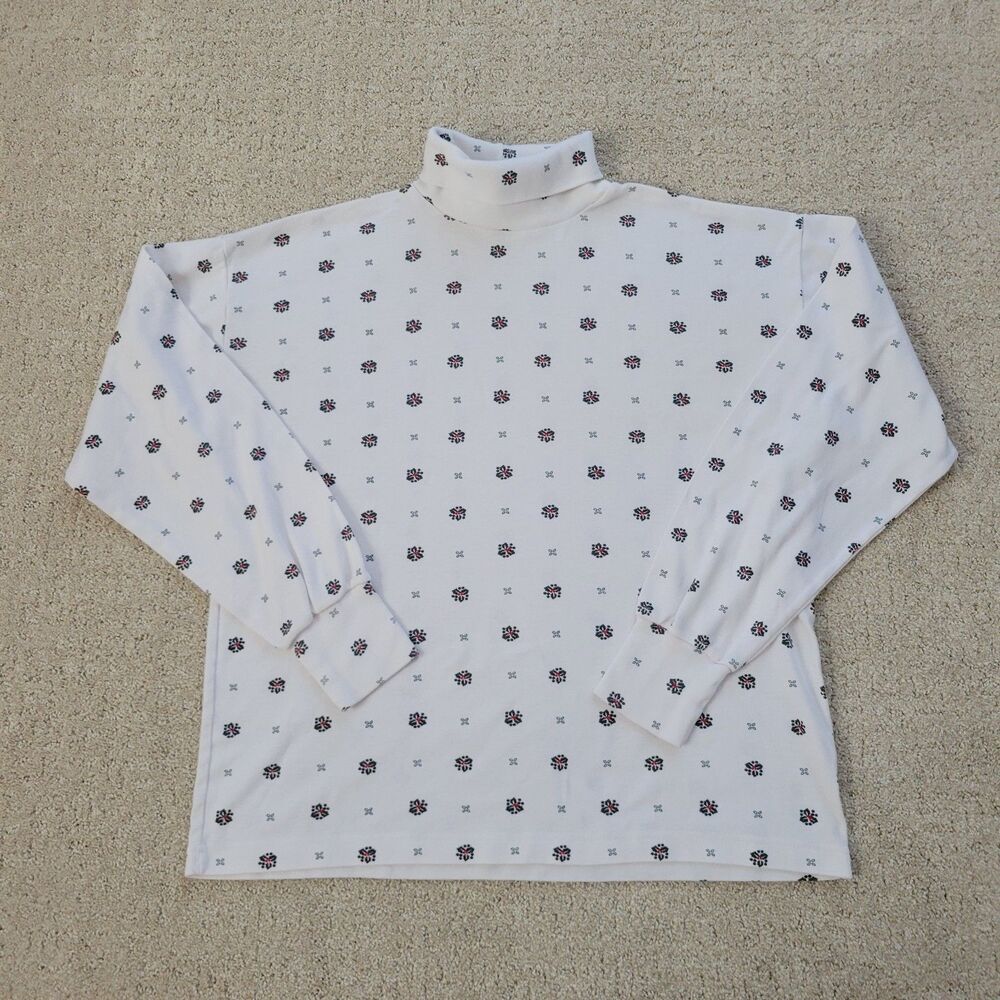 Vintage 90s Christmas Turtleneck Top Holiday Retro Granny White Holly Medium